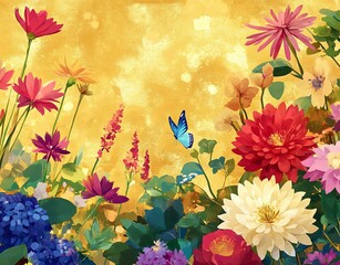 Obraz premium Traditional Asian patterns with Japanese-inspired floral illustrations of peonies, chrysanthemums, and dahlias.