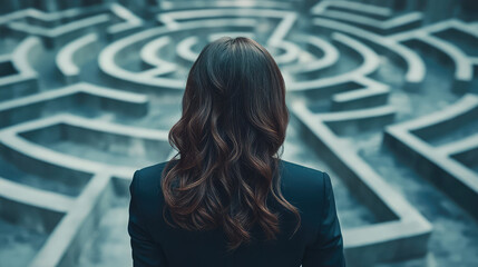 A professional woman in a suit gazes at a challenging maze