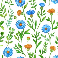 A seamless arrangement of Blue Cornflower Herbs or bachelor button flowers paired with Calendula flowers on a white background. It showcases a set of beautifully drawn cornflowers, floral elements,