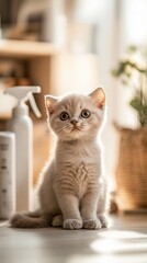 Cute fluffy kitten sitting on the floor in a bright, cozy room, surrounded by soft light and household items.