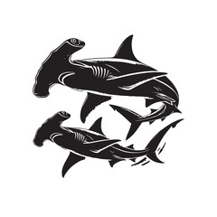 Vector seamless pattern of hand drawn Hammerhead Shark Illustration Silhouette Vector Illustration, Solid White Background.