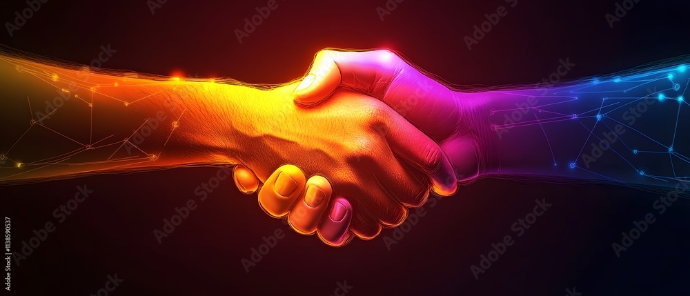 Aufkleber Hands Shaking in a Symbolic Gesture of Partnership and Cooperation with a Futuristic and Technological Background of Bright Colors and Digital Networks