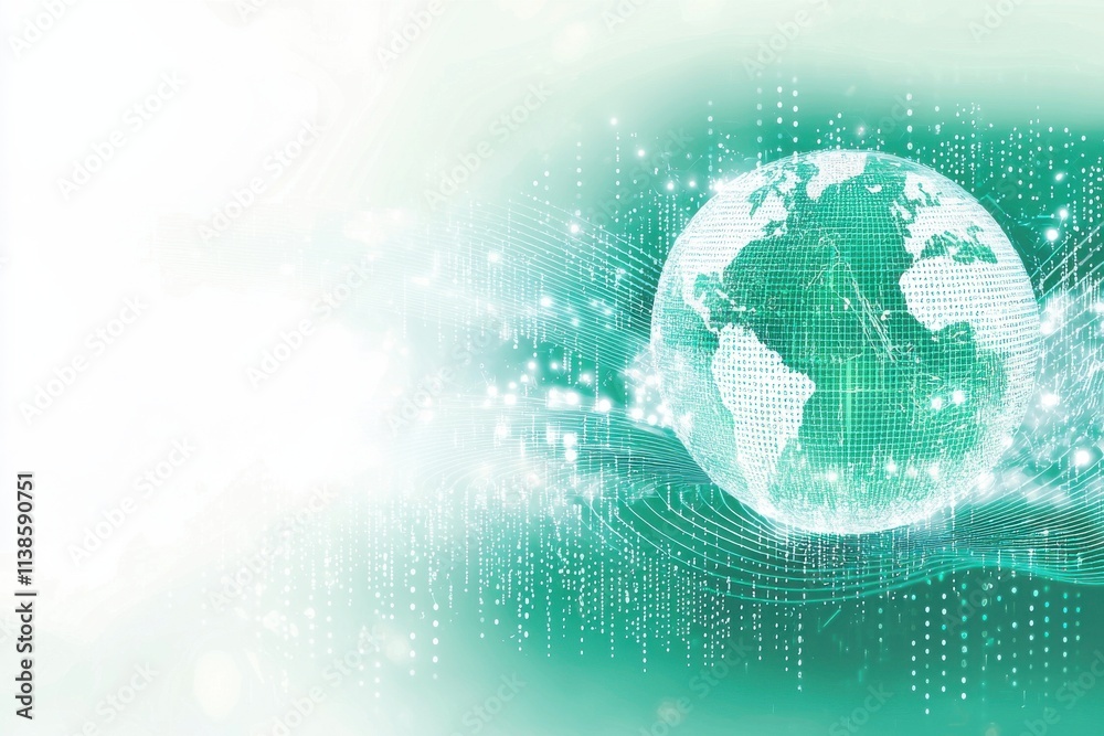 Poster digital technology background with a glowing world globe and binary code