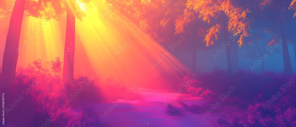 Poster Serene Forest Landscape with Vibrant Light Rays and Mystical Fog Creating an Enchanting Atmosphere in Nature's Untouched Beauty