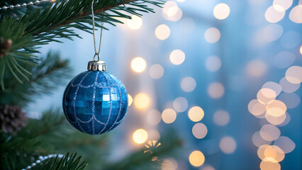 Christmas tree decoration with blue bauble on bokeh background with copy space.