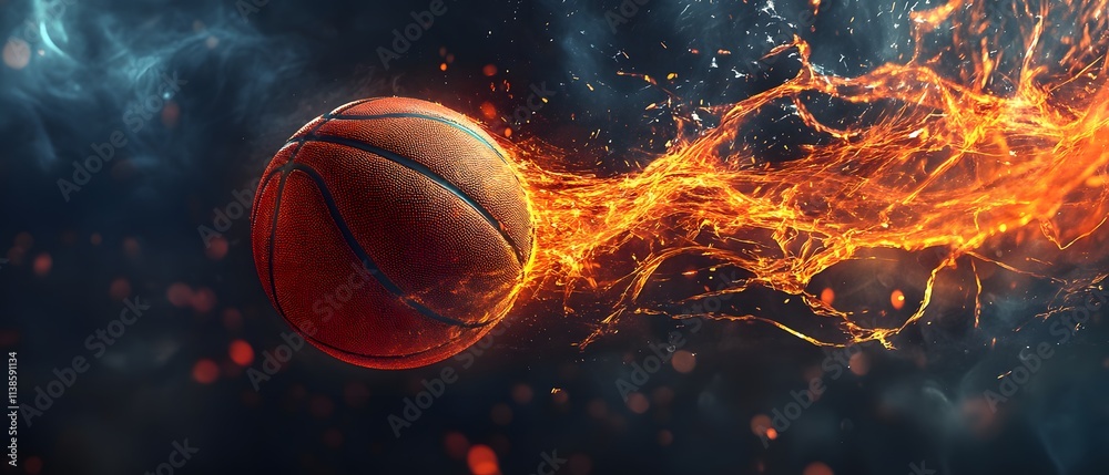 Poster Dynamic Basketball in Motion with Fiery Flames and Glowing Effects Creating a Powerful Energy Display Against a Dark Background