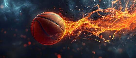 Fototapeta premium Dynamic Basketball in Motion with Fiery Flames and Glowing Effects Creating a Powerful Energy Display Against a Dark Background