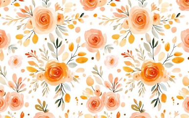 A vibrant watercolor design incorporating garden pink roses, peonies, leaves, and branches on a botanic tile backdrop.