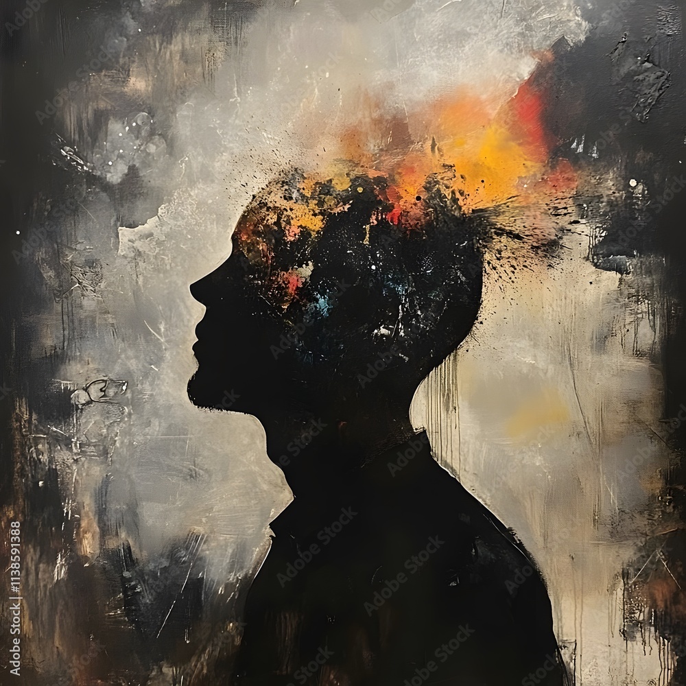 Poster abstract representation of human mind with silhouette and colorful explosion depicting creativity an