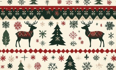 Christmas-themed pattern featuring reindeer and snowflakes in green, red, and beige tones creating a festive holiday atmosphere