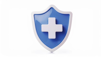 Obraz premium Blue Medical Shield with White Cross Symbol for Healthcare Security, Medical Protection, Health Insurance Concept, Cyber Health Safety, and Emergency Medical Care. Ideal for Healthcare Branding