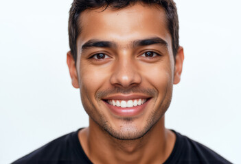 Obraz premium A commercial portrait photo of a model on a white studio background: a man with a bright, white smile, wearing a black t-shirt against a white background.