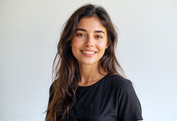 Obraz premium A commercial portrait photo of a model on a white studio background: a woman with long brown hair wearing a black dress, smiling at the camera against a white background.