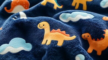 Soft, cozy navy blue plush material with a scattered pattern of colorful cartoon dinosaurs and...