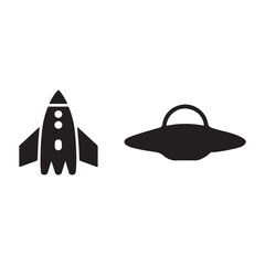 Simple black and white rocket and UFO icons