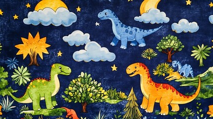 Obraz premium Soft plush fabric with a delightful pattern of dinosaurs, clouds, and trees in vivid colors on a deep blue background