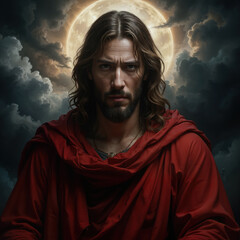 Fototapeta premium Portrait of Jesus Christ in Red Robe with Dramatic Cloudy Background