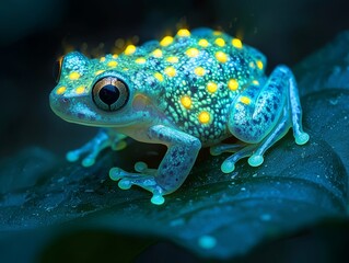 Obraz premium A colorful tree frog with luminous spots sitting on a leaf, showcasing nature's vibrant beauty and fascinating adaptations.