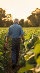 Fototapeta premium An elderly man strolls through a lush green farm field, holding a hat, bathed in warm sunlight.