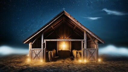 Rustic Wooden Stable Under a Starry Night – Serene and Magical Scene Wooden Stable at Dark Blue Starry Night, Jesus Christ Birth Concept