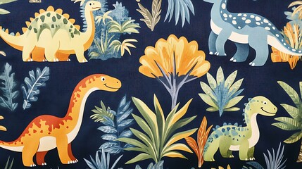 Plush navy blue fabric with a variety of cartoon dinosaurs and tropical trees, creating a vibrant...