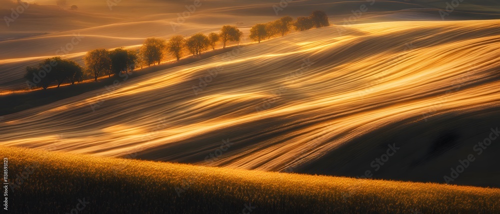 Poster serene golden sunrise over rolling hills with gentle curves and row of trees creating a dreamy lands