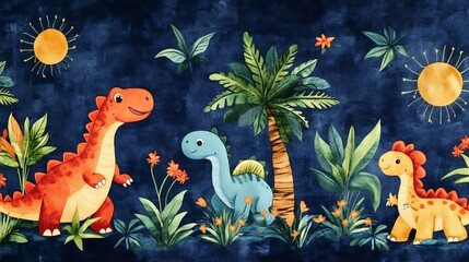 Plush fabric with a lively dinosaur and tropical tree pattern on a deep blue background, great for playful projects