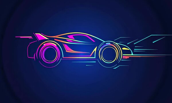 Neon racing car graphic art on dark blue background.