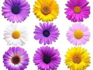 A collection of diverse, stunning flowers isolated on a white backdrop. generative ai
