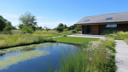 Obraz premium Modern Eco-Friendly House Overlooking Serene Natural Landscape with Pond