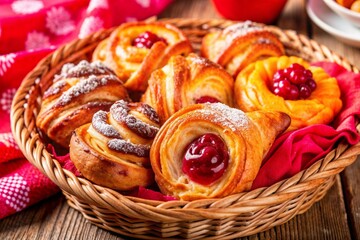 Danish pastries with cherries in a wicker basket on red fabric.