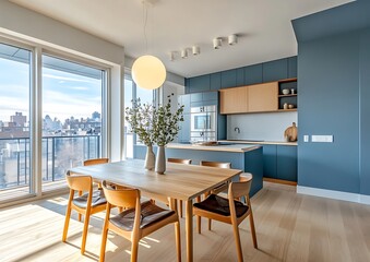 Fototapeta premium Scandinavian style blue kitchen in an apartment, featuring a dining table and chairs with wood accents, white ceiling lights, and a wooden floor