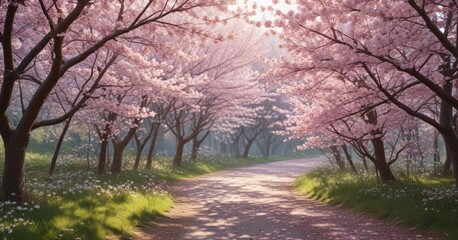 Soft focus image of a forest filled with blooming cherry blossoms, natural wonders , ornamental trees