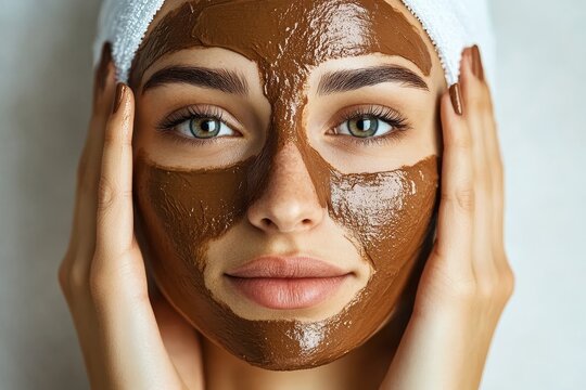 Close-up of woman applying a chocolate face mask, promoting skincare and relaxation at home for healthy, glowing skin.