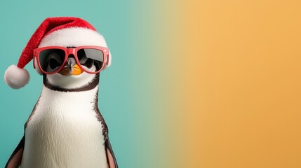 Fototapeta premium A cheerful penguin dons a Santa hat and sunglasses, exuding holiday spirit with a playful demeanor