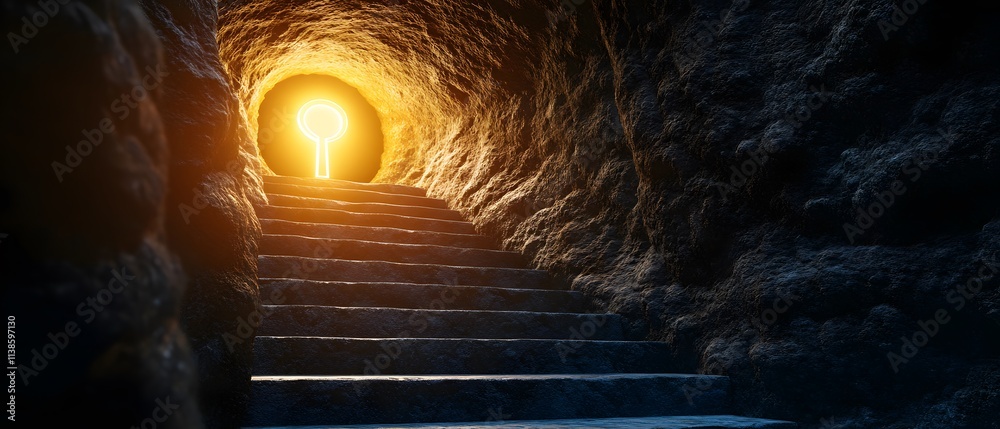 Aufkleber Illuminated Keyhole at the End of Stone Steps in a Mysterious Cave with Soft Light Creating a Dramatic Atmosphere of Exploration and Discovery