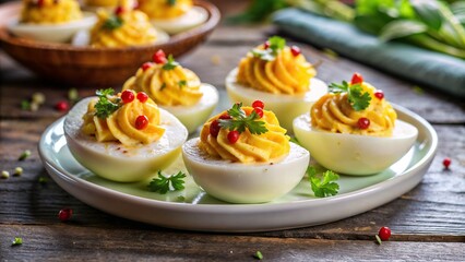 Classic deviled eggs garnished with parsley and berries on a plate.