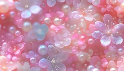 Dreamy pastel blossoms and pearls create a soft, ethereal abstract artwork, evoking a sense of elegance and tranquility.