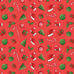 Christmas and New Years vector pattern. Set of Christmas symbols: Christmas balls, gift box, Christmas tree, sock, Santa Claus hat, candy cane, berries. Seamless pattern, background, wallpaper, print