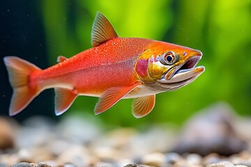 Naklejka premium Swimming salmon fish in freshwater stream underwater photography aquatic environment vibrant colors and details