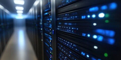 Rack-mounted servers with blinking lights create a futuristic ambiance in a data center hallway.