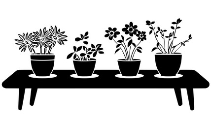 Fototapeta premium A group of small flowering plants in ceramic pots on a coffee table, Plant Illustration