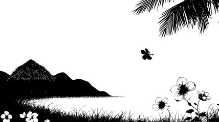 Hibiscus blossom opening on bush beside thatched hut, Plant Illustration