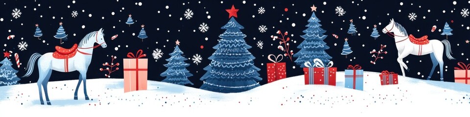 Obraz premium Winter wonderland with Christmas trees, horses, and gifts amidst falling snowflakes and starlit sky