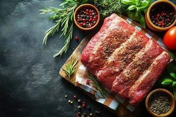 A slab of meat is on a wooden cutting board with a variety of spices