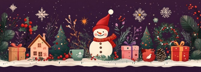 Festive illustration of Christmas elements featuring decorated trees, cheerful snowmen, gifts, and...