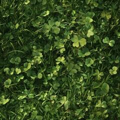 Top view photo of soft wild grass with scattered clovers and a small stone, seamless texture