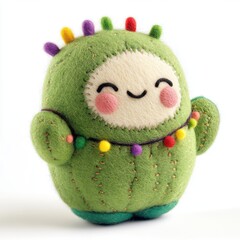 Adorable handmade green cactus plush toy with a smiling face and colorful decorative lights. Perfect for children's gifts, home decor, or creative craft inspiration, AI