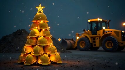 Christmas tree made of yellow construction helmets with glowing garland