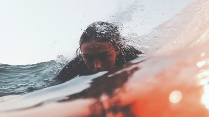 Fototapeta premium A surfer rides through turbulent ocean waves during sunrise, creating a dynamic and powerful water scene full of energy.
